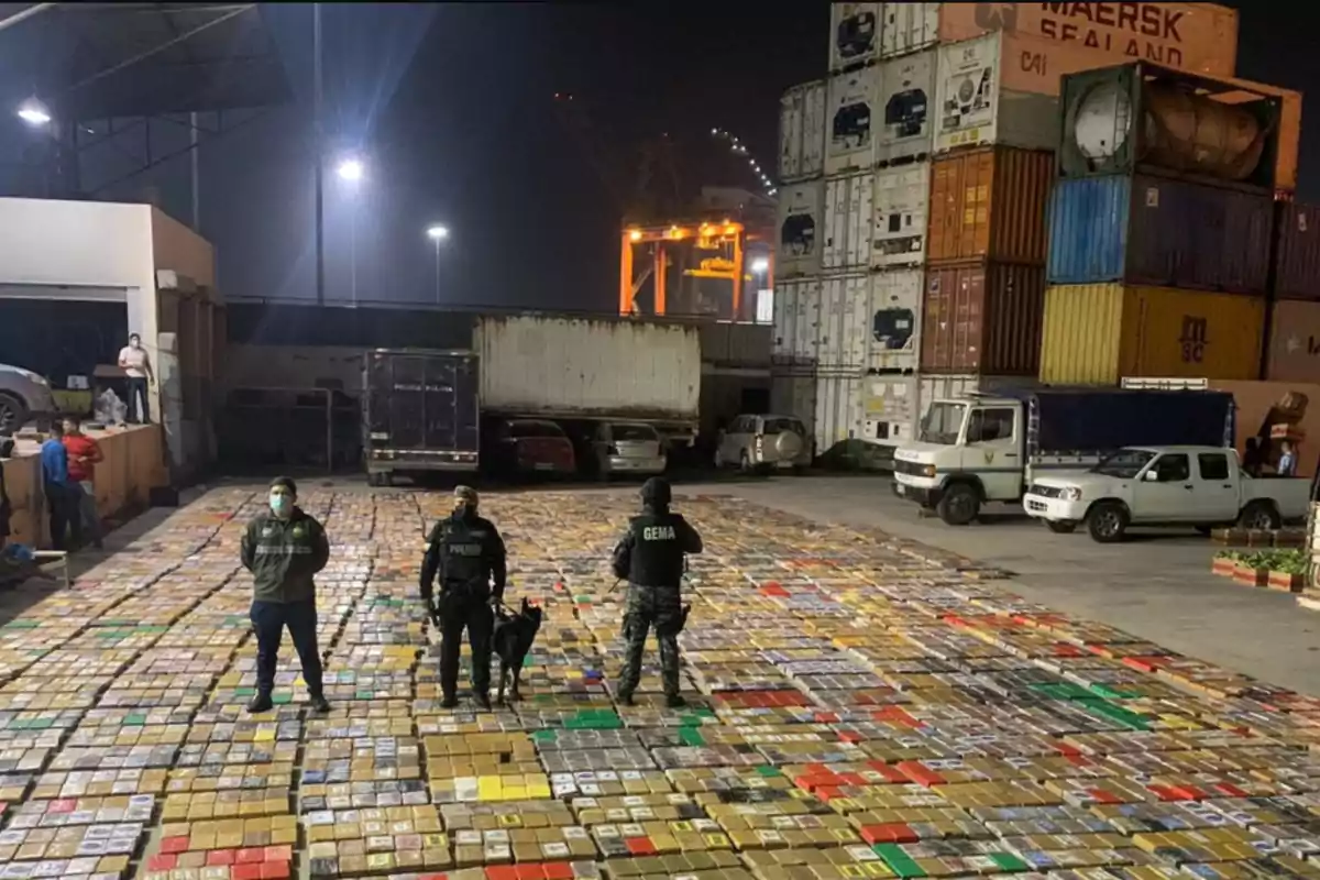 Tres agentes de policía y un perro están de pie frente a una gran cantidad de paquetes de colores en un puerto con contenedores y vehículos estacionados.
