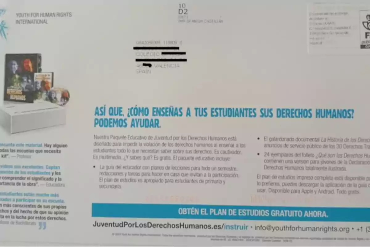 Imagen de un folleto de Youth for Human Rights International dirigido a un colegio en Valencia, España, que ofrece un paquete educativo gratuito sobre derechos humanos para enseñar a los estudiantes.