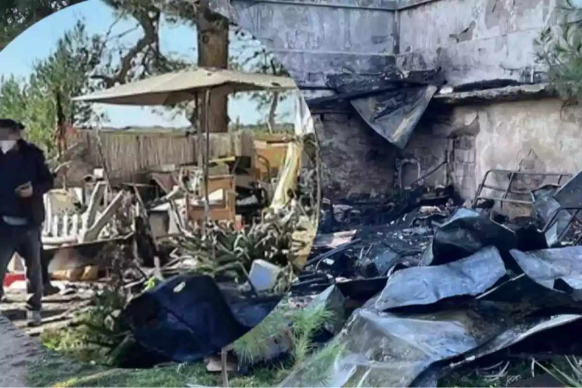 Restos calcinados de una estructura y muebles quemados al aire libre con una persona observando la escena Restos calcinados de una estructura y muebles quemados al aire libre con una persona observando la escena