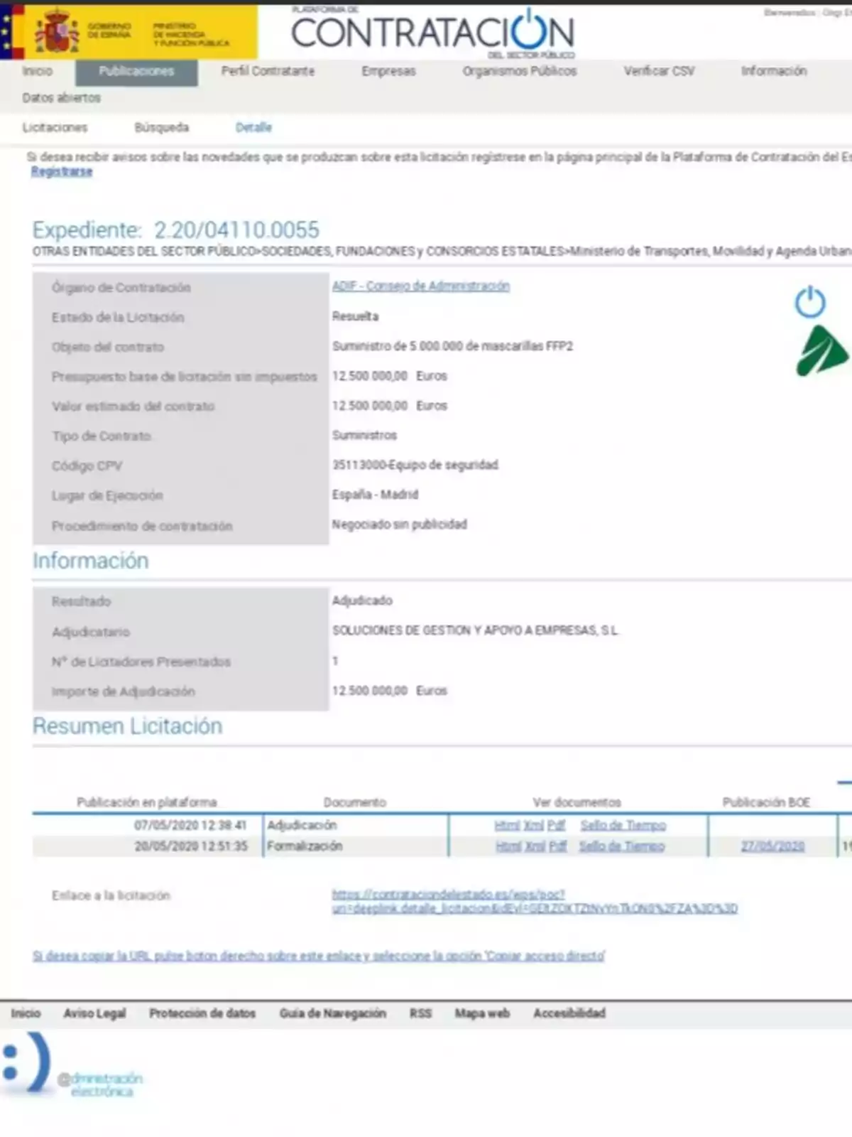 Expediente 2.20/04110.0055 del Ministerio de Transportes, Movilidad y Agenda Urbana para el suministro de 5 millones de mascarillas FFP2 adjudicado a Soluciones de Gestión y Apoyo a Empresas S.L. por 12.500.000 euros.