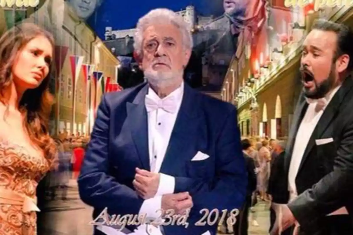 Cartel de los 150 papeles en sus 60 años de carrera en el Festival de Salzburgo, donde actuó Plácido Domingo