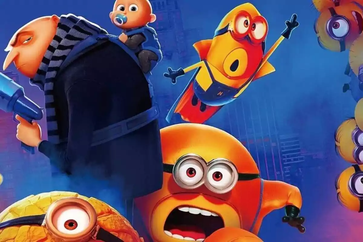 Personajes animados de una película, incluyendo a un hombre con una bufanda a rayas y un bebé en su espalda, rodeados de criaturas amarillas con gafas.