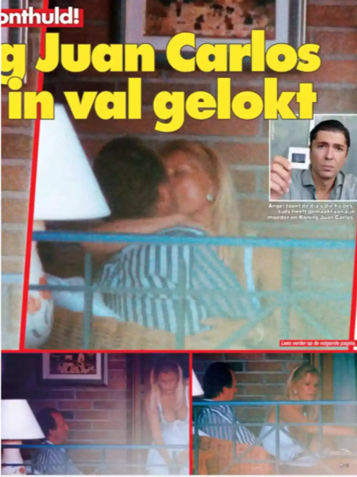 Una revista muestra una imagen de dos personas en un balcón, una de ellas sostiene una fotografía. Una revista muestra una imagen de dos personas en un balcón, una de ellas sostiene una fotografía.