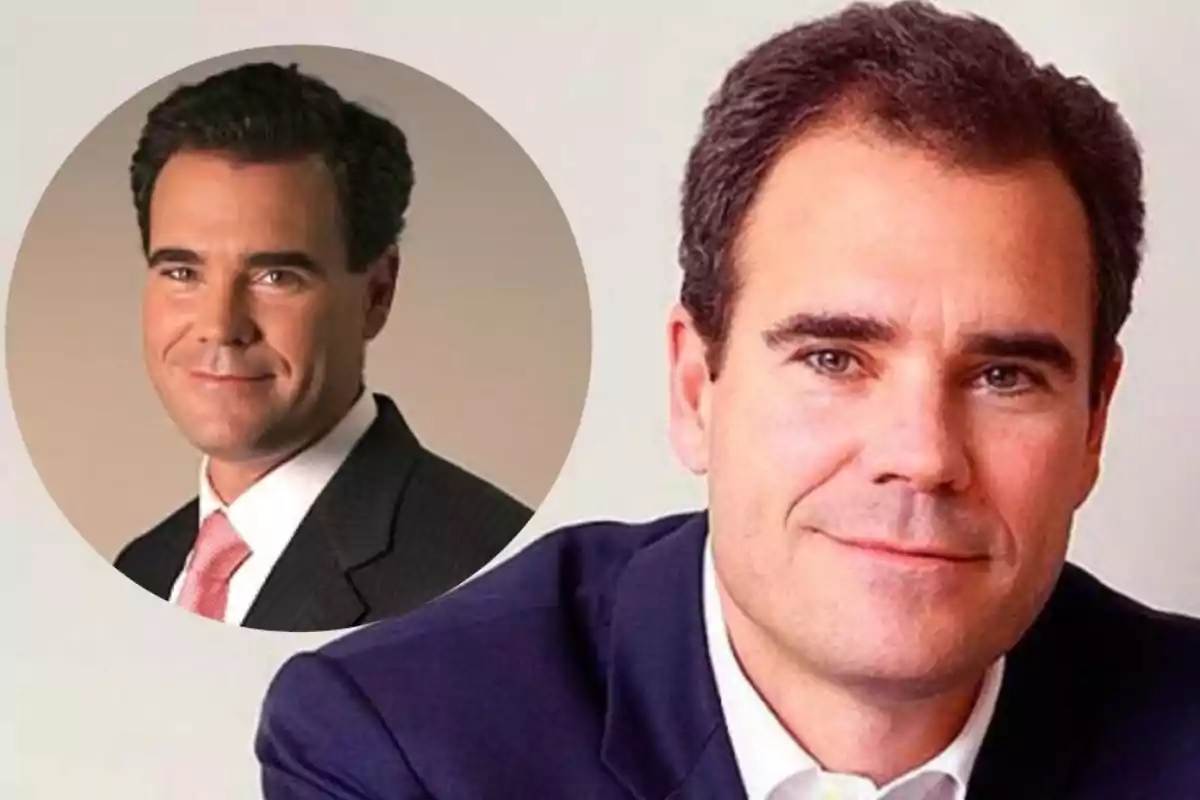 Hombre de cabello oscuro con saco azul y camisa blanca, al fondo aparece la misma persona en un recuadro circular usando traje y corbata rosa. Hombre de cabello oscuro con saco azul y camisa blanca, al fondo aparece la misma persona en un recuadro circular usando traje y corbata rosa.