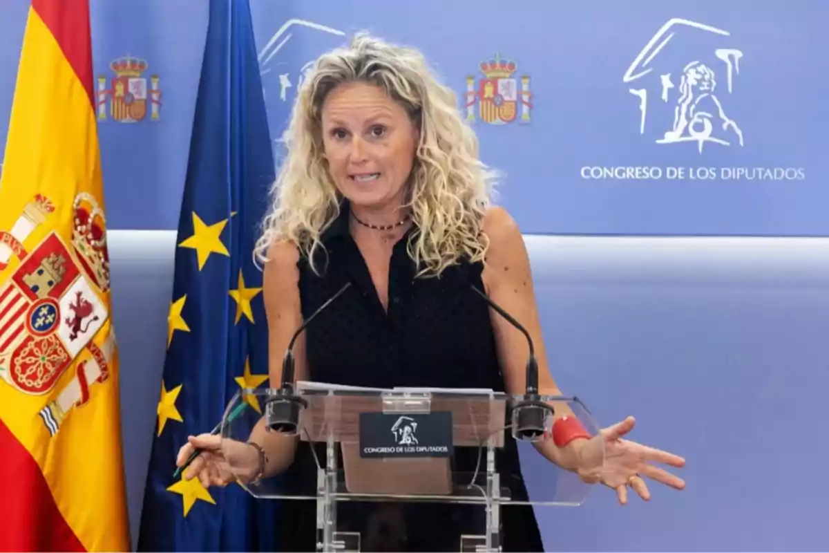 Mujer de cabello rubio rizado hablando en un atril en el Congreso de los Diputados de España con banderas de España y la Unión Europea al fondo Mujer de cabello rubio rizado hablando en un atril en el Congreso de los Diputados de España con banderas de España y la Unión Europea al fondo