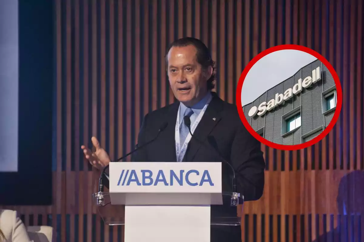 Un hombre hablando en un podio con el logo de Abanca y un recuadro que muestra un edificio con el logo de Sabadell.