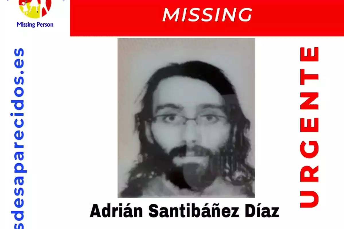 Imagen de una persona desaparecida con el nombre Adrián Santibáñez Díaz, con la palabra "MISSING" en la parte superior y "URGENTE" en la parte derecha, junto con la URL "desaparecidos.es" en el lado izquierdo.