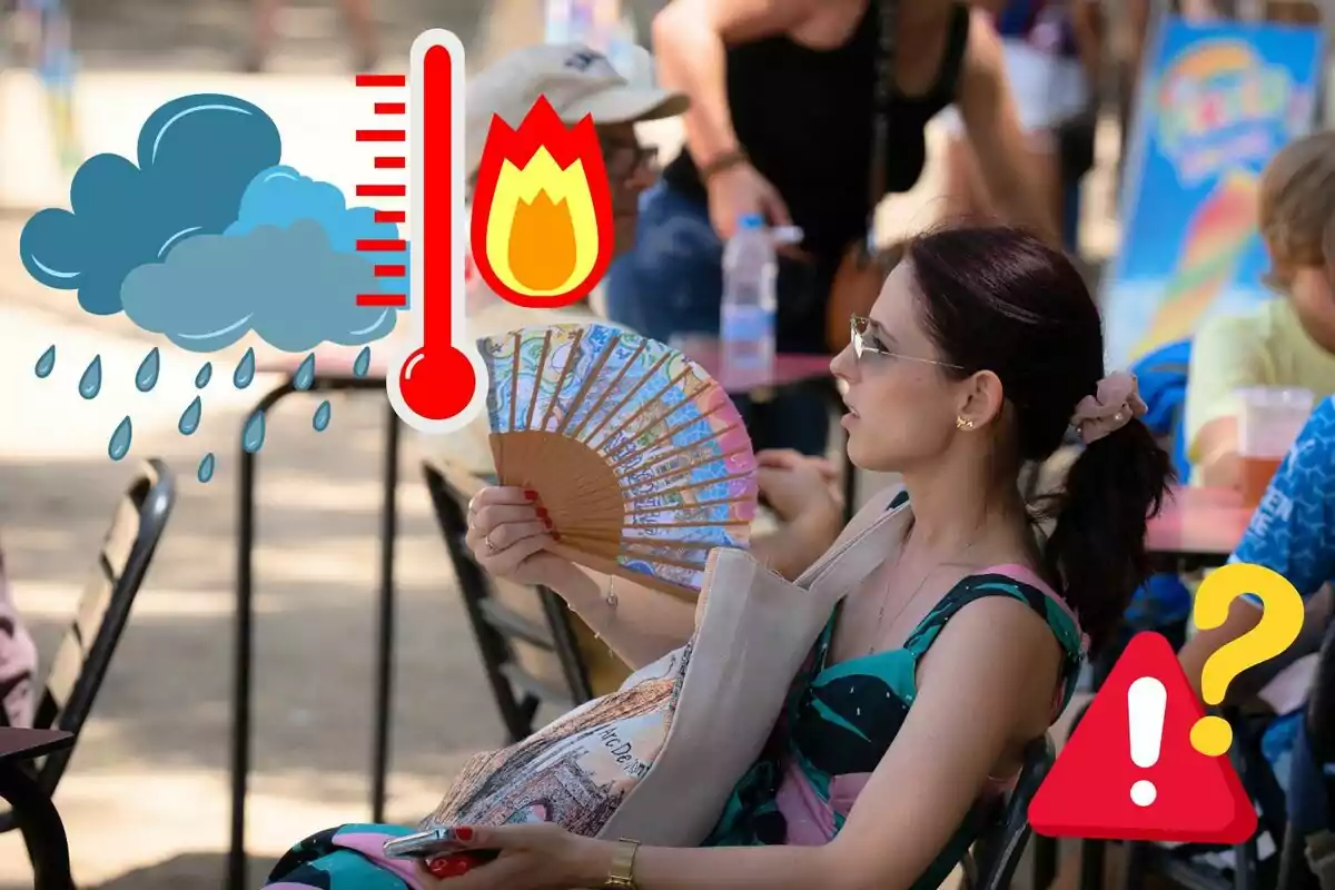 Una mujer se abanica mientras está sentada en una silla al aire libre, con iconos de clima lluvioso, termómetro alto, fuego y una señal de advertencia con un signo de interrogación.