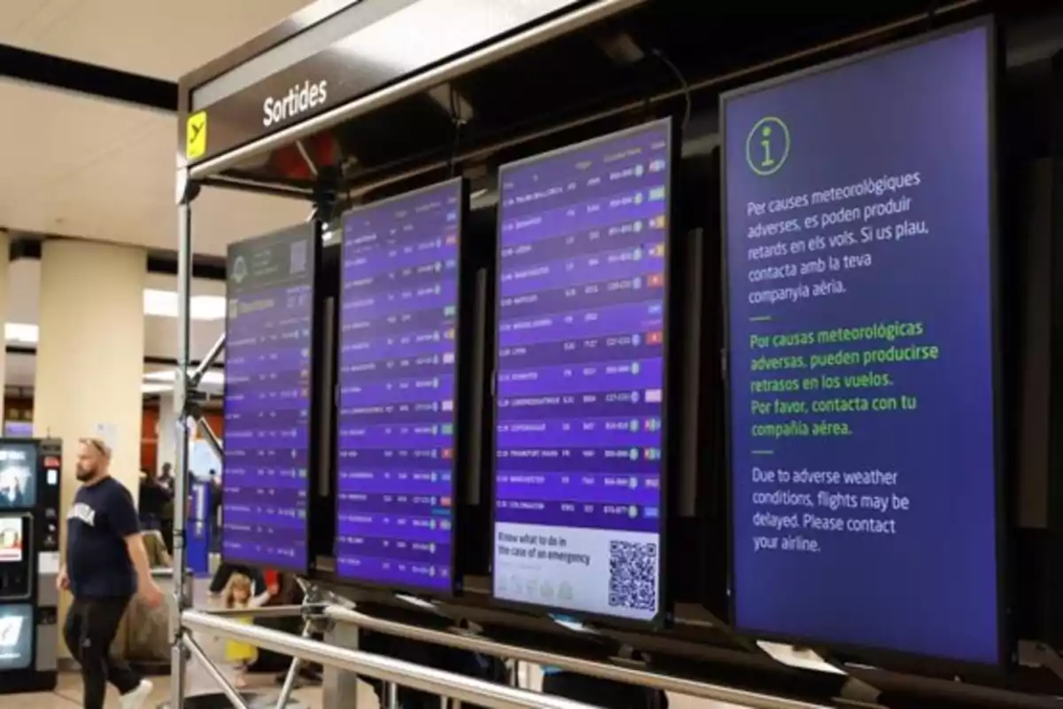 Pantallas de información de salidas de vuelos en un aeropuerto con un aviso sobre posibles retrasos por causas meteorológicas y personas caminando alrededor Pantallas de información de salidas de vuelos en un aeropuerto con un aviso sobre posibles retrasos por causas meteorológicas y personas caminando alrededor