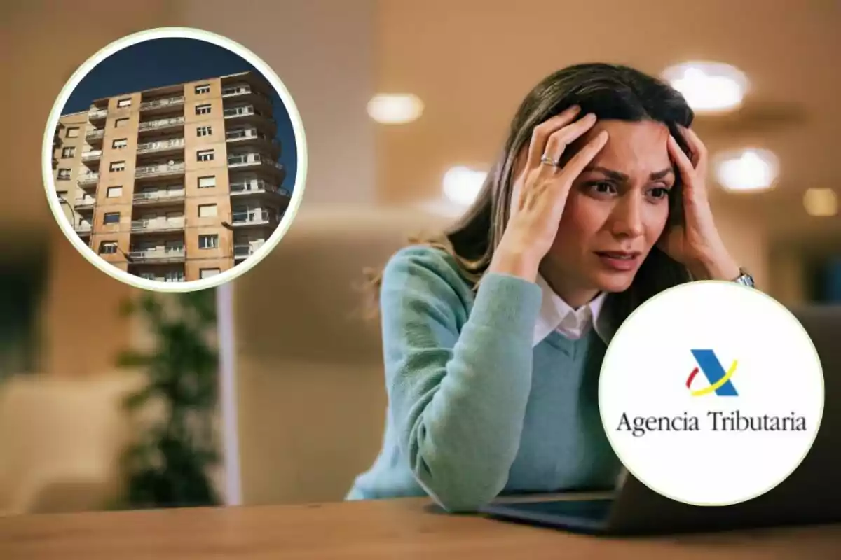 Mujer preocupada frente a una computadora con un edificio y el logo de la Agencia Tributaria.