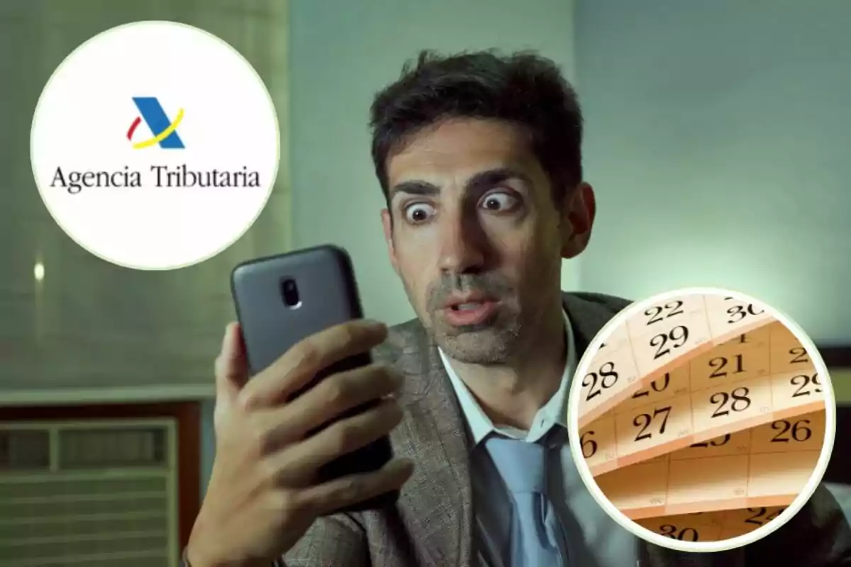 Hombre sorprendido mirando su teléfono móvil con el logo de la Agencia Tributaria y un calendario en el fondo.