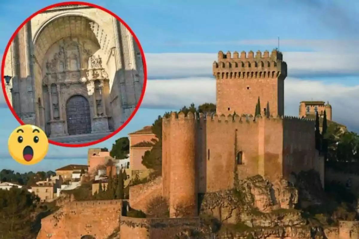 Castillo medieval con una torre imponente y un detalle arquitectónico en un círculo rojo.