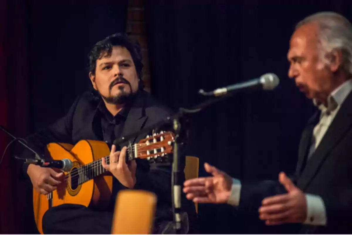 Un guitarrista y un cantante en una actuación en vivo.