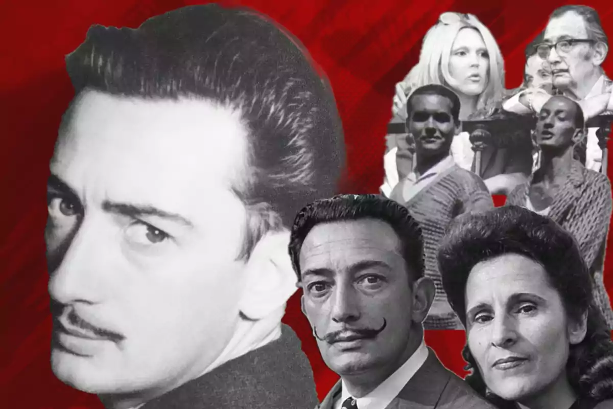Un collage en blanco y negro con varias personas sobre un fondo rojo.