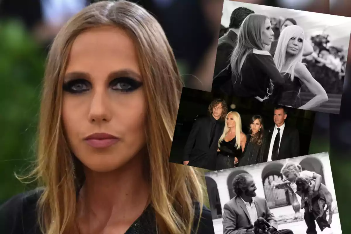 Una mujer con maquillaje oscuro en primer plano y varias fotos en collage en el fondo, incluyendo imágenes en blanco y negro de personas en eventos y momentos familiares.