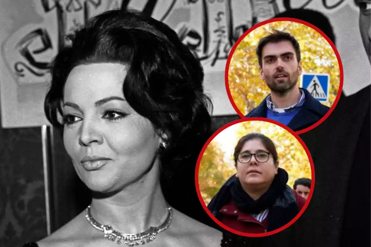 Mujer de cabello oscuro en una foto en blanco y negro con dos personas jóvenes en recuadros circulares sobre fondo de árboles en otoño
