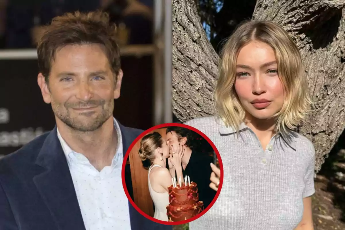 Dos personas posan en imágenes separadas, una de ellas está al aire libre junto a un árbol, mientras que la otra está en un evento; en el centro hay una foto circular de una pareja besándose frente a un pastel de cumpleaños.