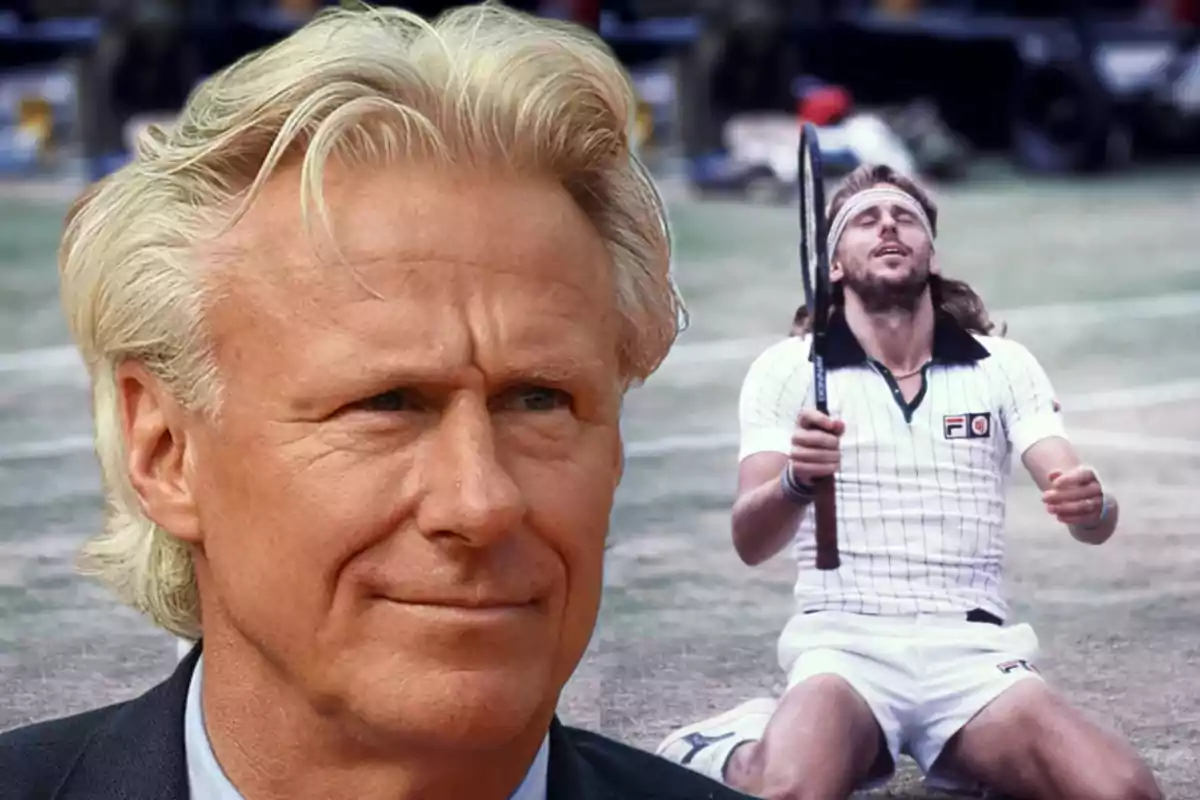 Un hombre de cabello rubio en primer plano y un jugador de tenis celebrando en el fondo.