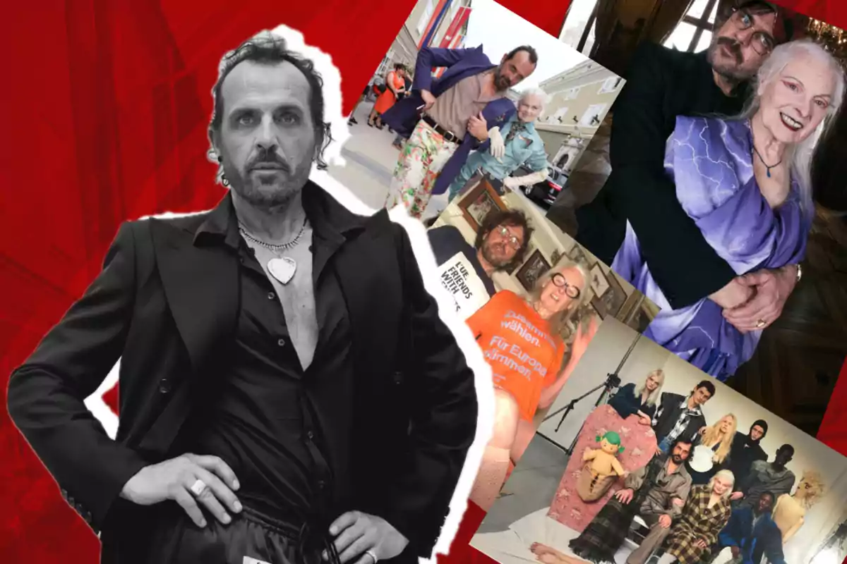 Hombre de cabello corto y barba con expresión seria en primer plano, vistiendo camisa negra y collar, acompañado de un collage de fotos coloridas con varias personas en diferentes situaciones y atuendos sobre un fondo rojo.
