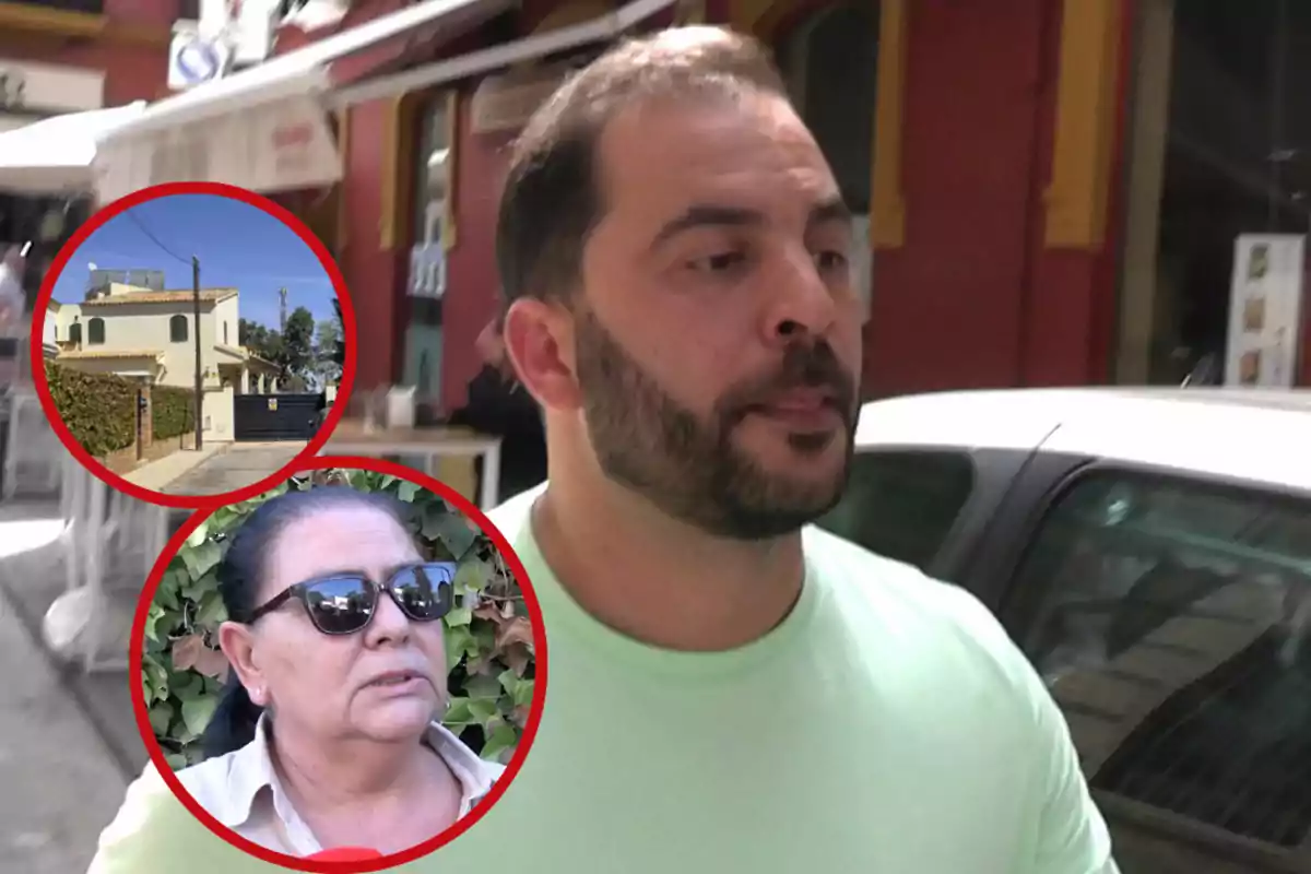 Un hombre camina por la calle mientras se muestran dos imágenes circulares, una de una casa y otra de una persona con gafas de sol.