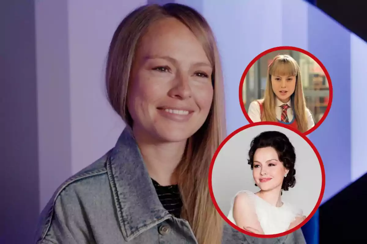 Una persona sonriente con cabello largo y rubio lleva una chaqueta de mezclilla, junto a ella hay dos imágenes circulares más pequeñas que muestran a la misma persona en diferentes roles o estilos.