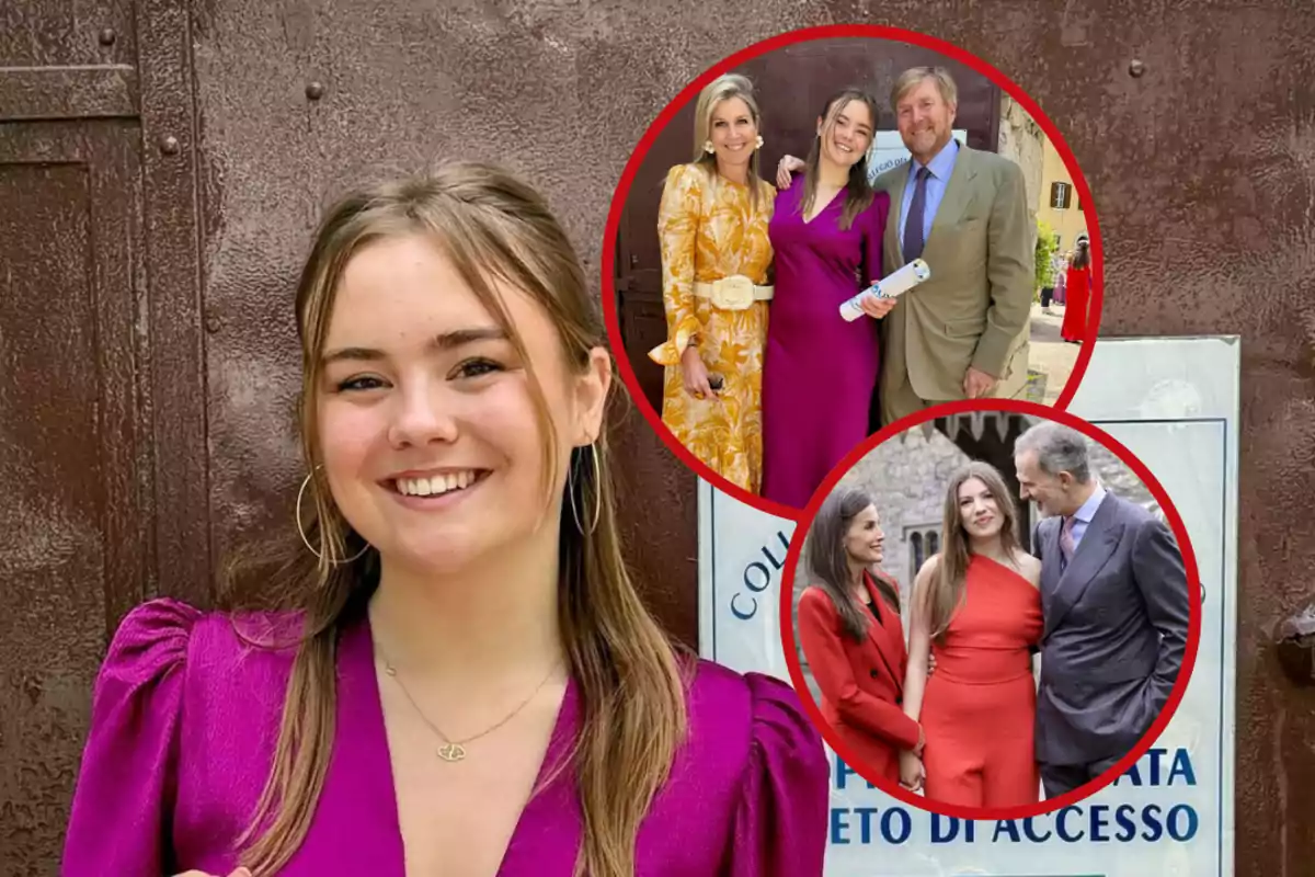 Una joven sonriente con un vestido fucsia posa frente a una puerta de metal, mientras en dos círculos superpuestos se muestran momentos con otras personas en eventos formales.