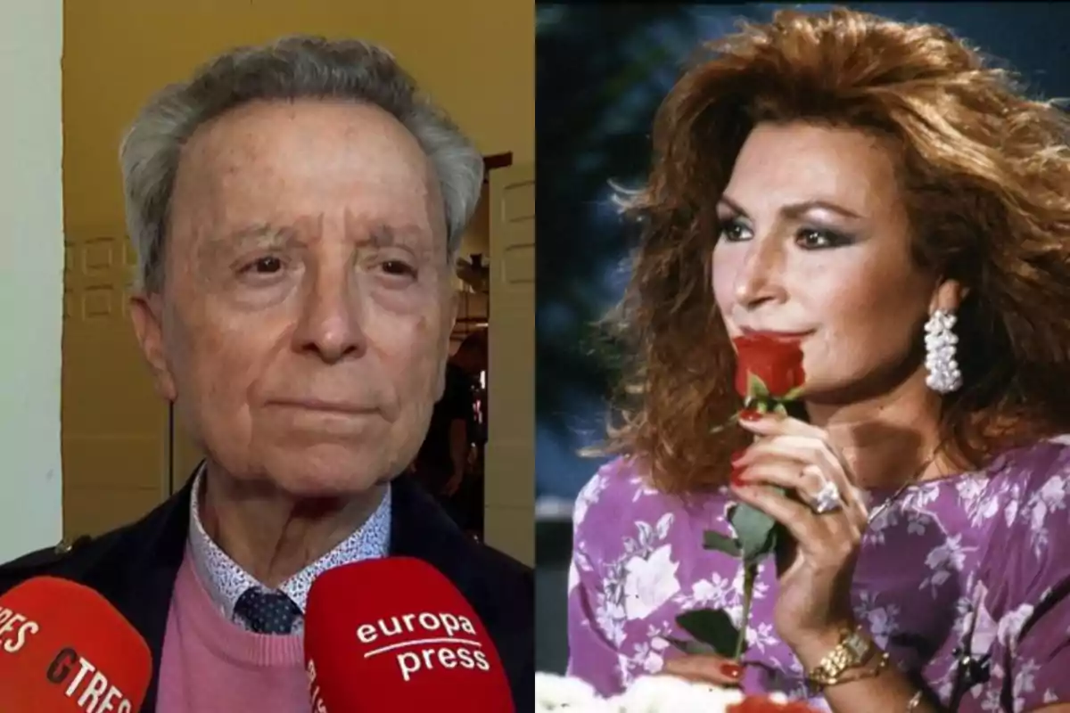 Un hombre mayor con micrófonos frente a él y una mujer pelirroja con pendientes grandes sosteniendo una rosa roja Un hombre mayor con micrófonos frente a él y una mujer pelirroja con pendientes grandes sosteniendo una rosa roja