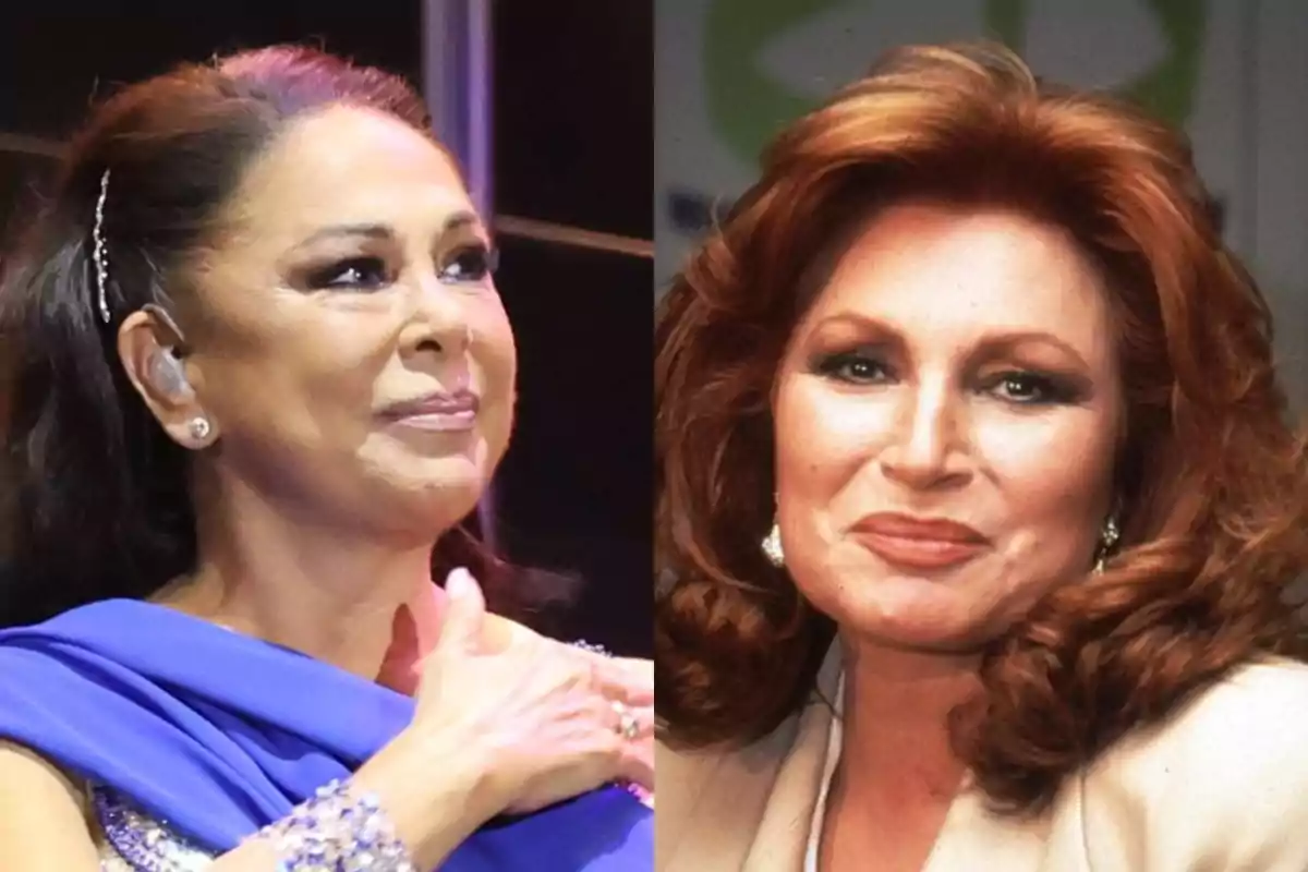 Dos mujeres maduras con peinados elegantes y maquillaje sofisticado, una con vestido azul y la otra con cabello pelirrojo y chaqueta clara, ambas mirando hacia el frente Dos mujeres maduras con peinados elegantes y maquillaje sofisticado, una con vestido azul y la otra con cabello pelirrojo y chaqueta clara, ambas mirando hacia el frente