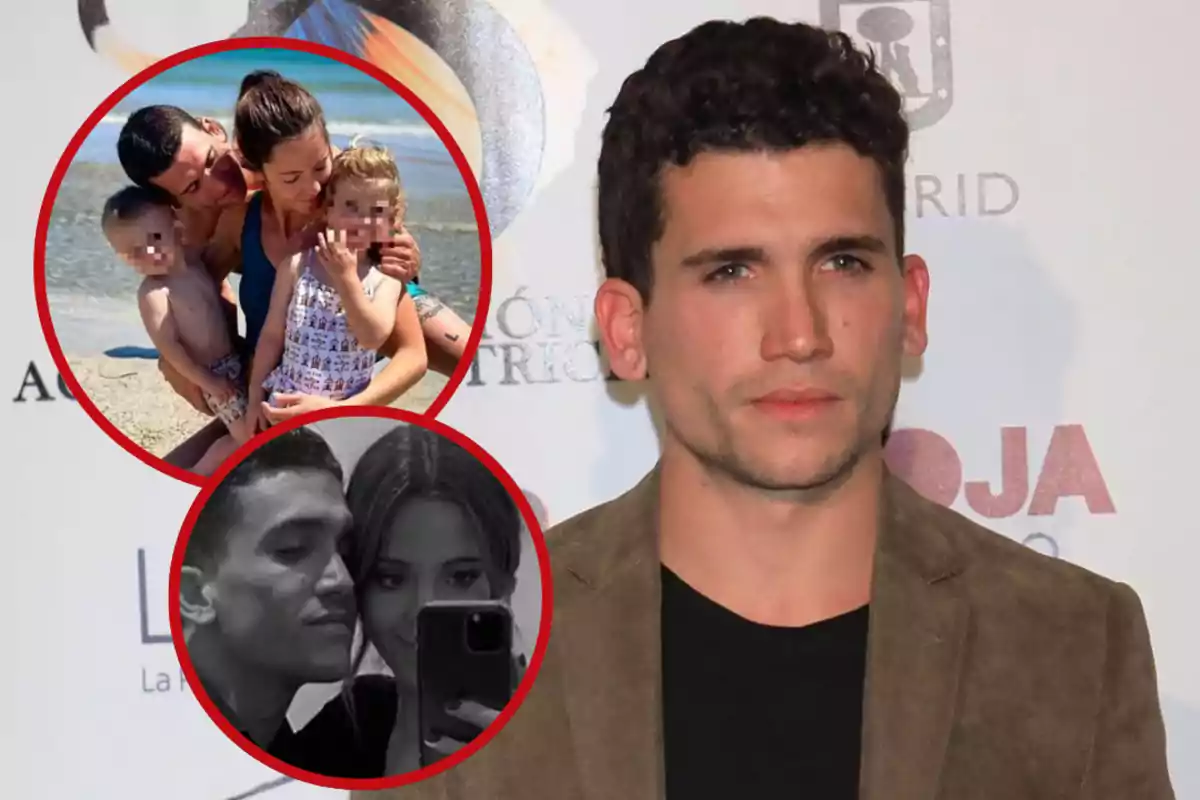 Hombre de cabello rizado con chaqueta marrón posando frente a un fondo blanco con dos círculos rojos que muestran una foto familiar en la playa y una selfie en blanco y negro con una mujer