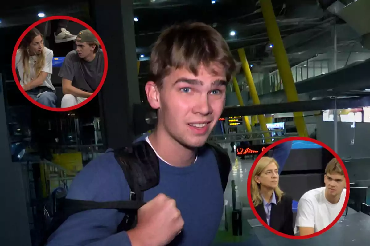Un joven con mochila en un aeropuerto, con dos imágenes circulares en las esquinas que muestran conversaciones entre personas.