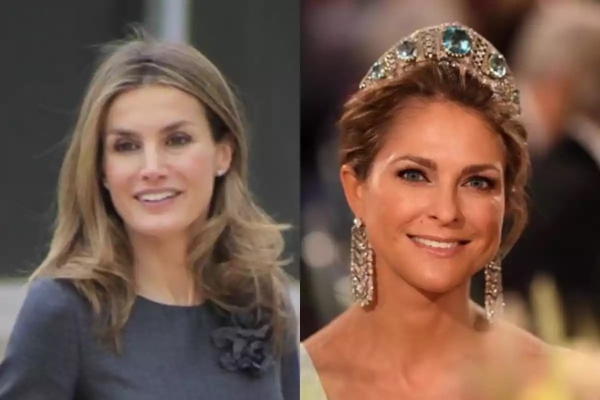 Dos mujeres sonrientes una con vestido gris y la otra con tiara y pendientes largos Dos mujeres sonrientes una con vestido gris y la otra con tiara y pendientes largos