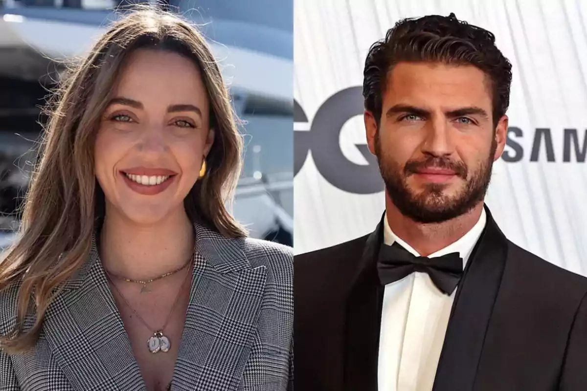 Una mujer con cabello largo y suelto sonríe al aire libre mientras un hombre con barba y esmoquin posa en un evento formal Una mujer con cabello largo y suelto sonríe al aire libre mientras un hombre con barba y esmoquin posa en un evento formal