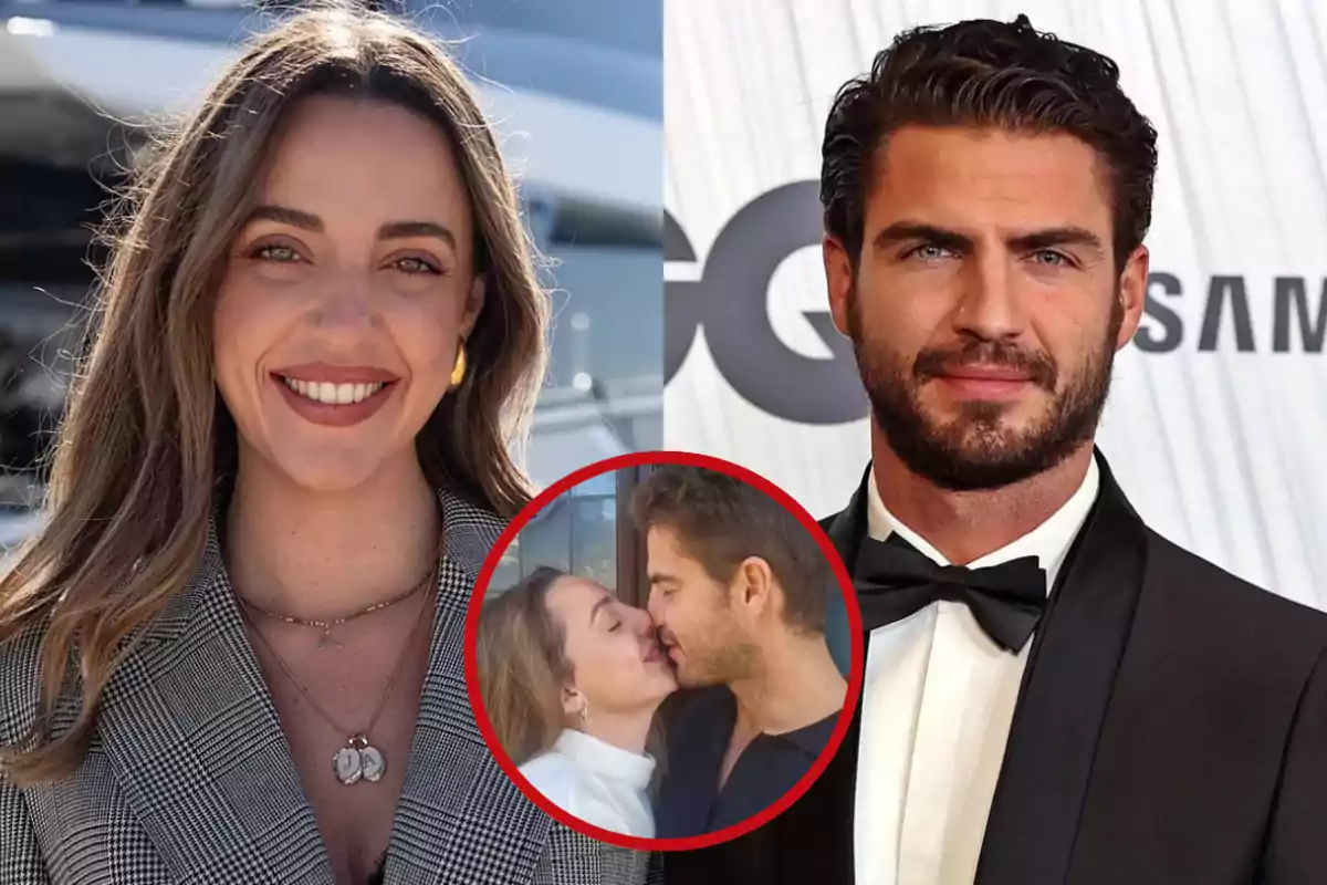 Una mujer sonriente a la izquierda y un hombre con esmoquin a la derecha, en el centro una imagen circular muestra a una pareja a punto de besarse