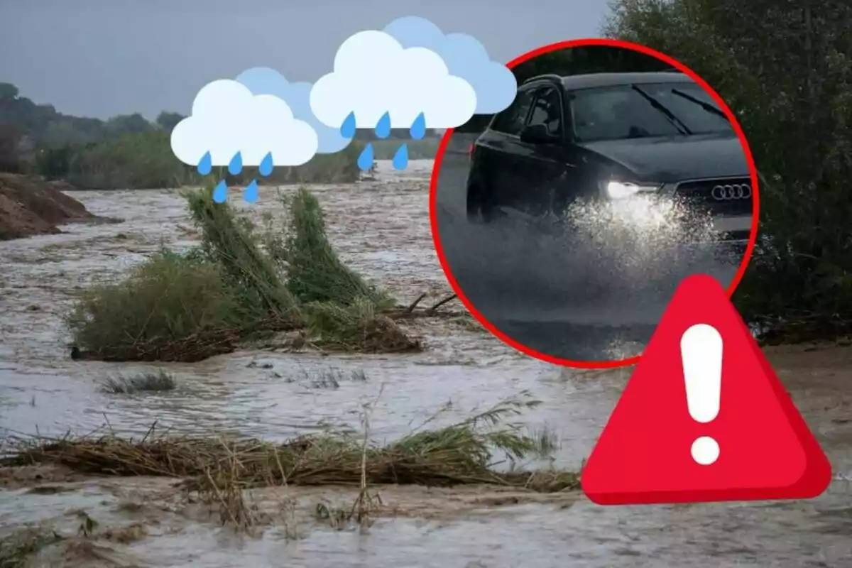 Coche atravesando una carretera inundada con advertencia de lluvia intensa y símbolo de precaución. Coche atravesando una carretera inundada con advertencia de lluvia intensa y símbolo de precaución.
