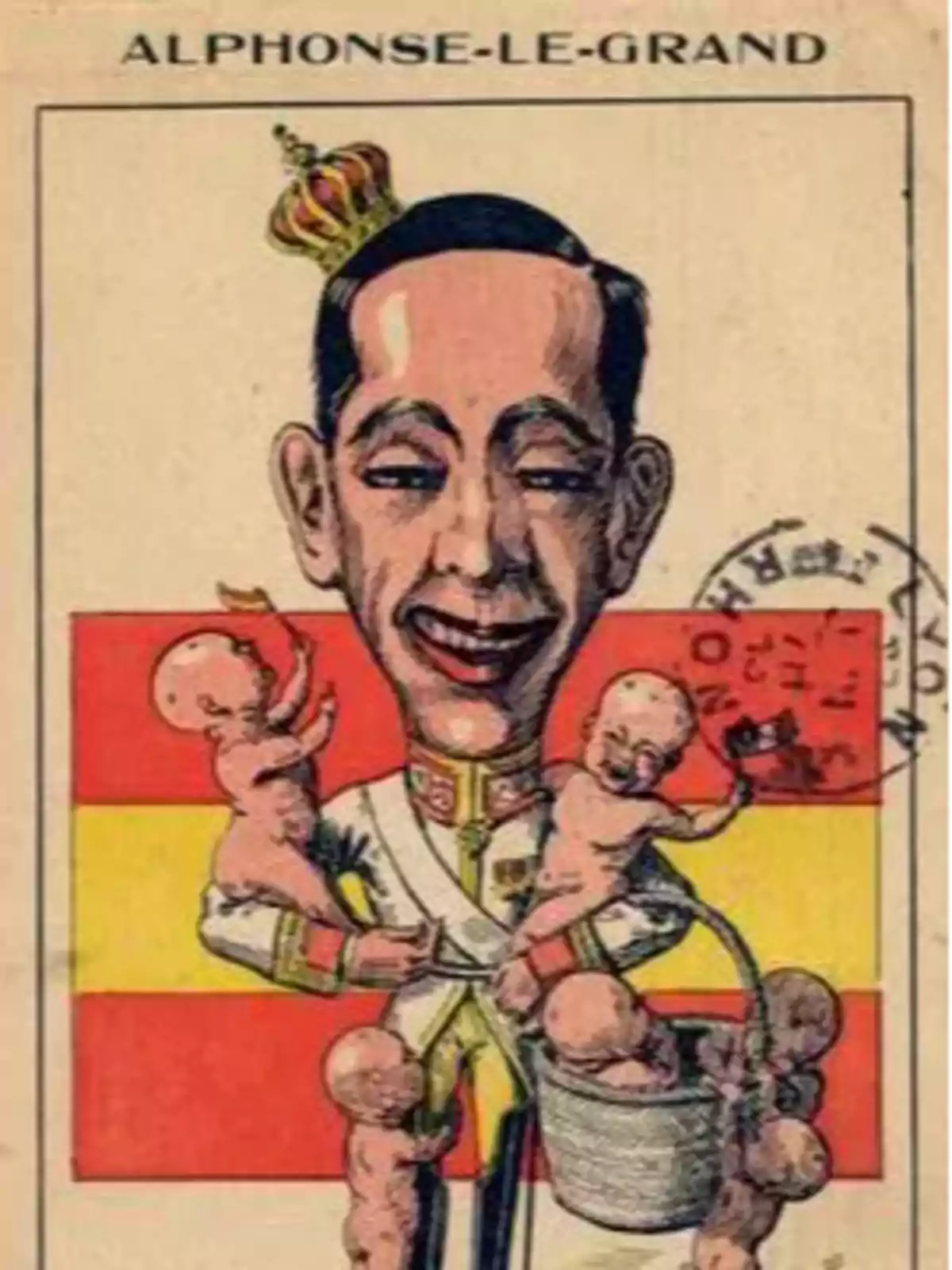 Caricatura de un hombre con una corona y uniforme militar, sosteniendo varios bebés, con una bandera de fondo. Caricatura de un hombre con una corona y uniforme militar, sosteniendo varios bebés, con una bandera de fondo.