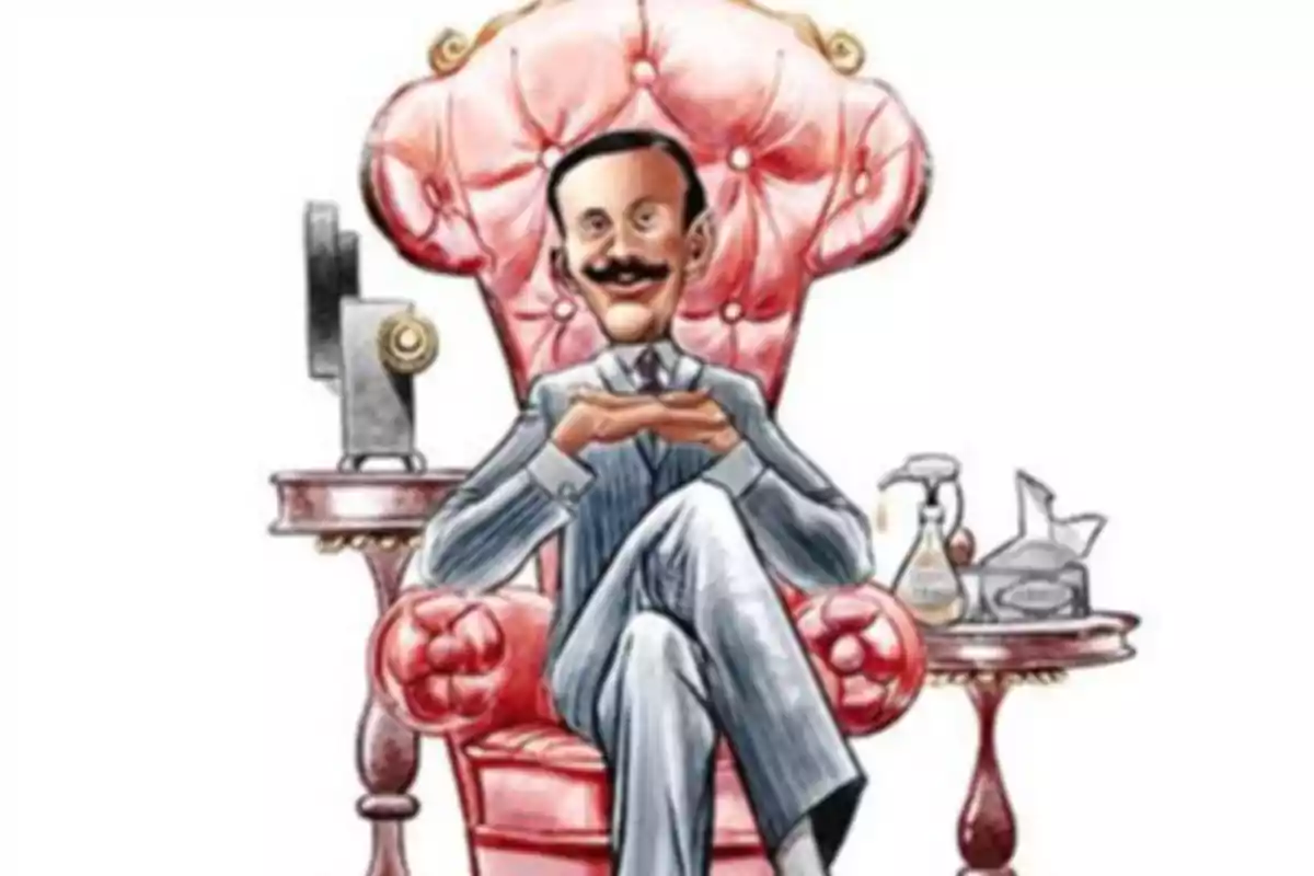 Caricatura de un hombre con bigote sentado en un sillón rojo, con las piernas cruzadas y las manos juntas, rodeado de objetos como un proyector, un dispensador de jabón y una caja de pañuelos. Caricatura de un hombre con bigote sentado en un sillón rojo, con las piernas cruzadas y las manos juntas, rodeado de objetos como un proyector, un dispensador de jabón y una caja de pañuelos.
