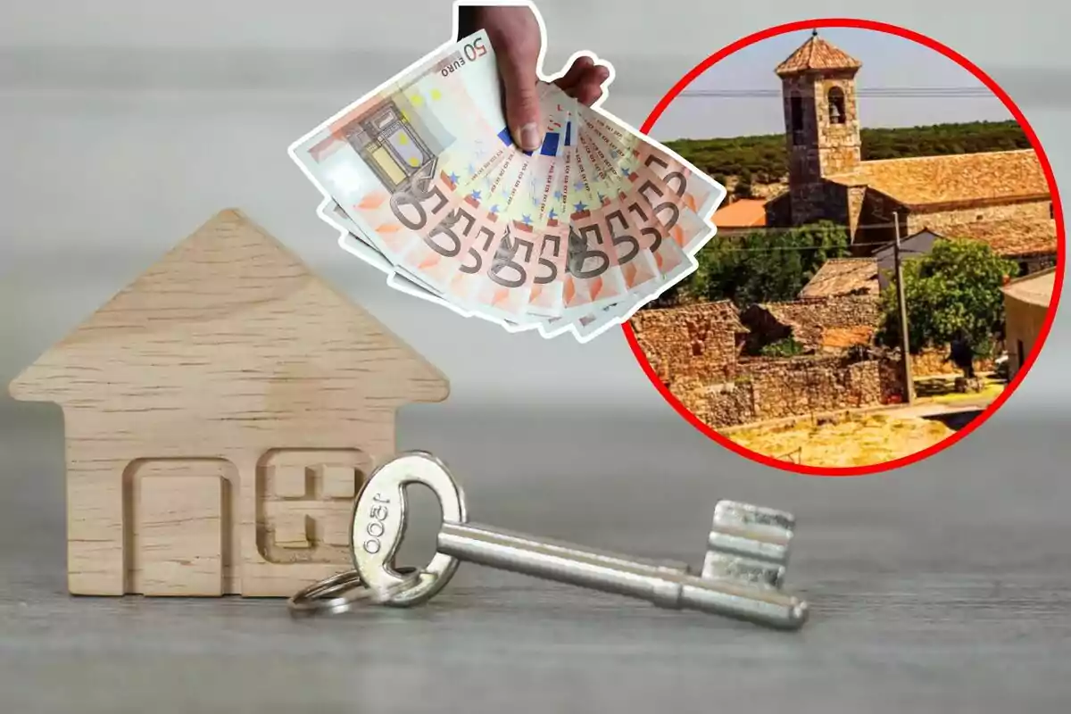 Una casa de madera con una llave al frente y un círculo rojo que muestra un pueblo y una mano sosteniendo billetes de euro.