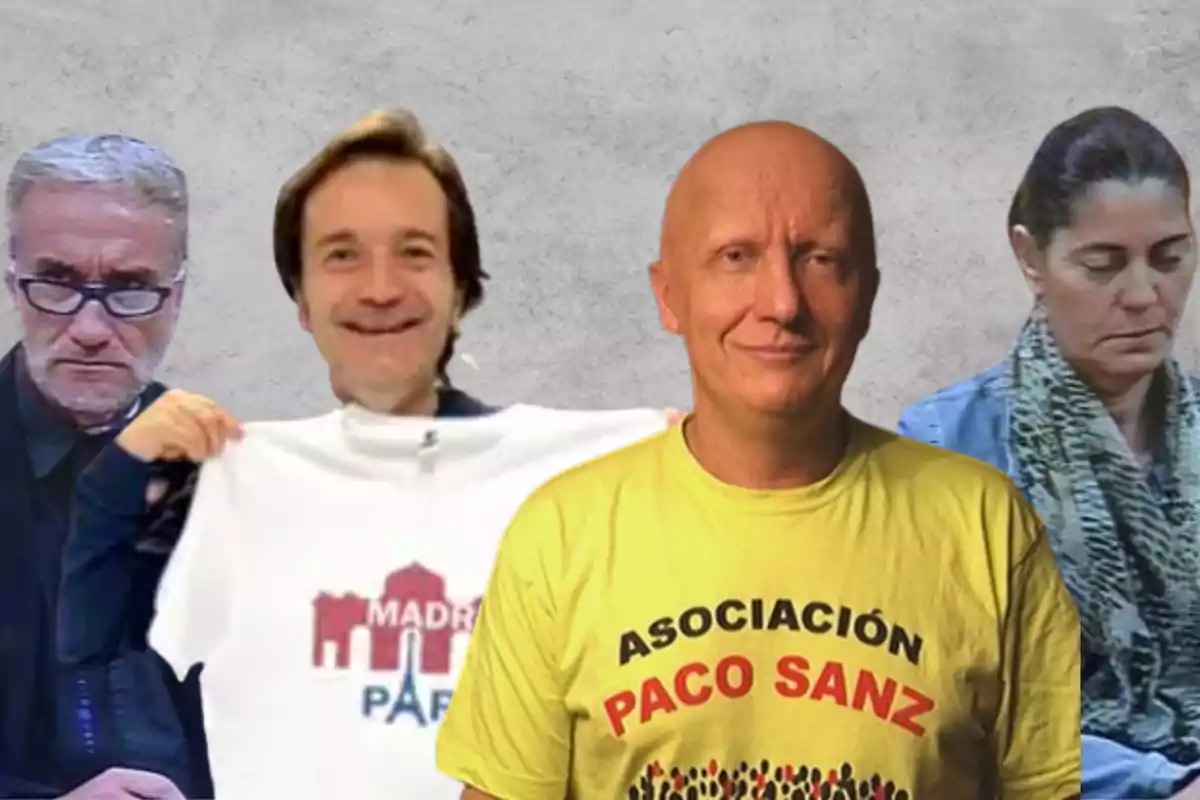 Cuatro personas posando, una de ellas con una camiseta que dice "ASOCIACIÓN PACO SANZ" y otra sosteniendo una camiseta con el texto "MADRID PARÍS".