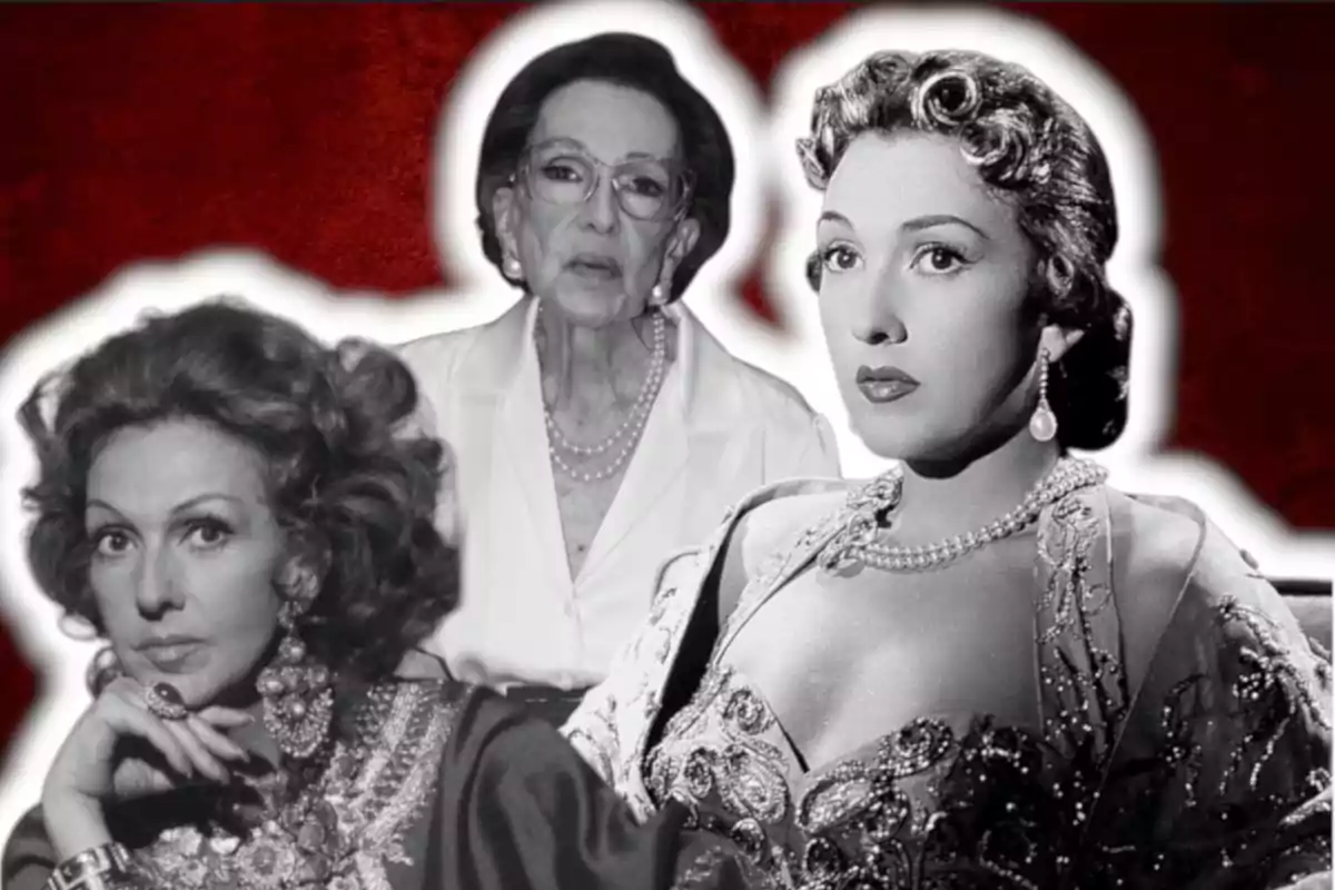 Tres mujeres en un collage en blanco y negro con fondo rojo, cada una con peinados y vestimenta elegante.