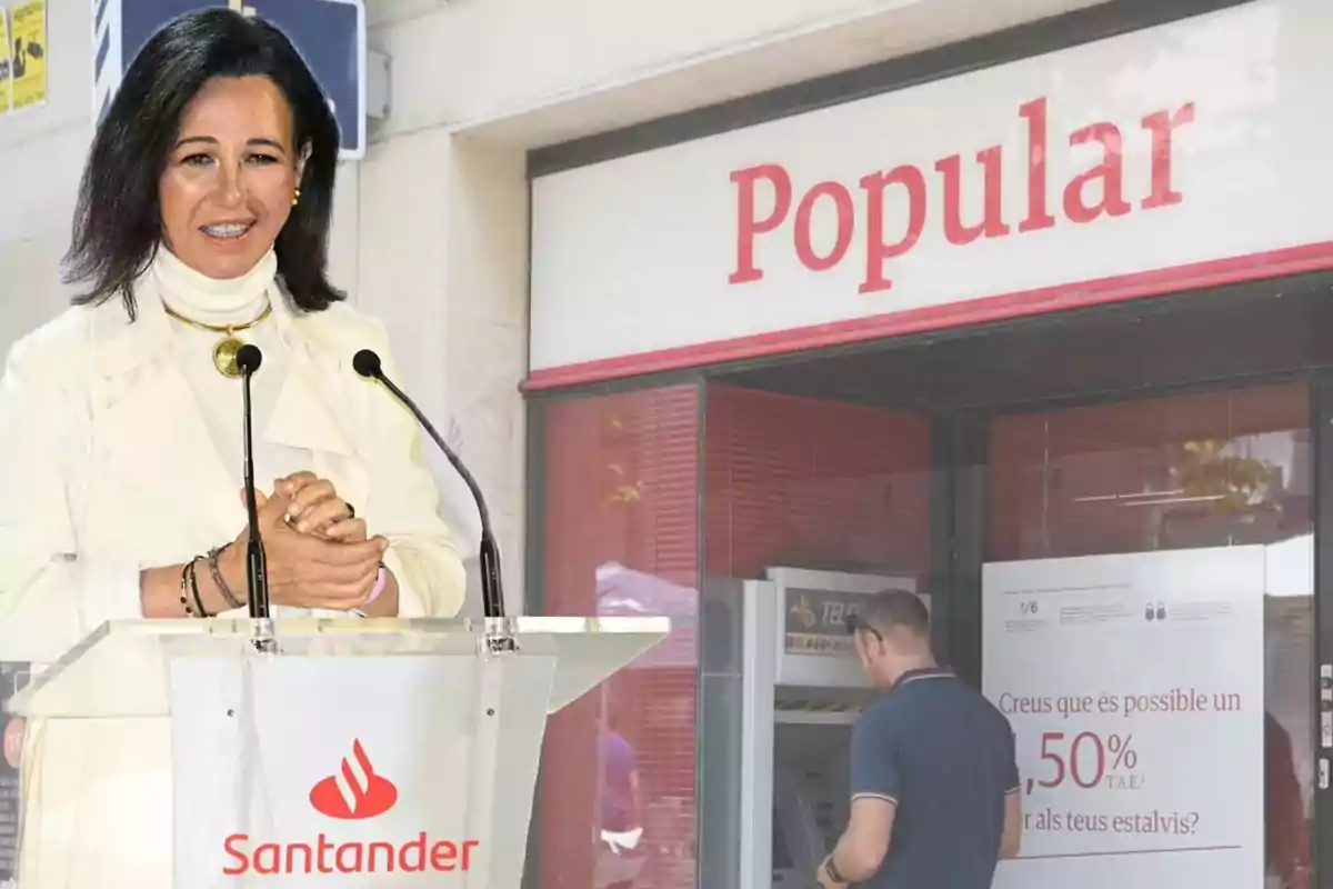 Una mujer en un podio con el logo de Santander al frente de una sucursal bancaria de Popular.