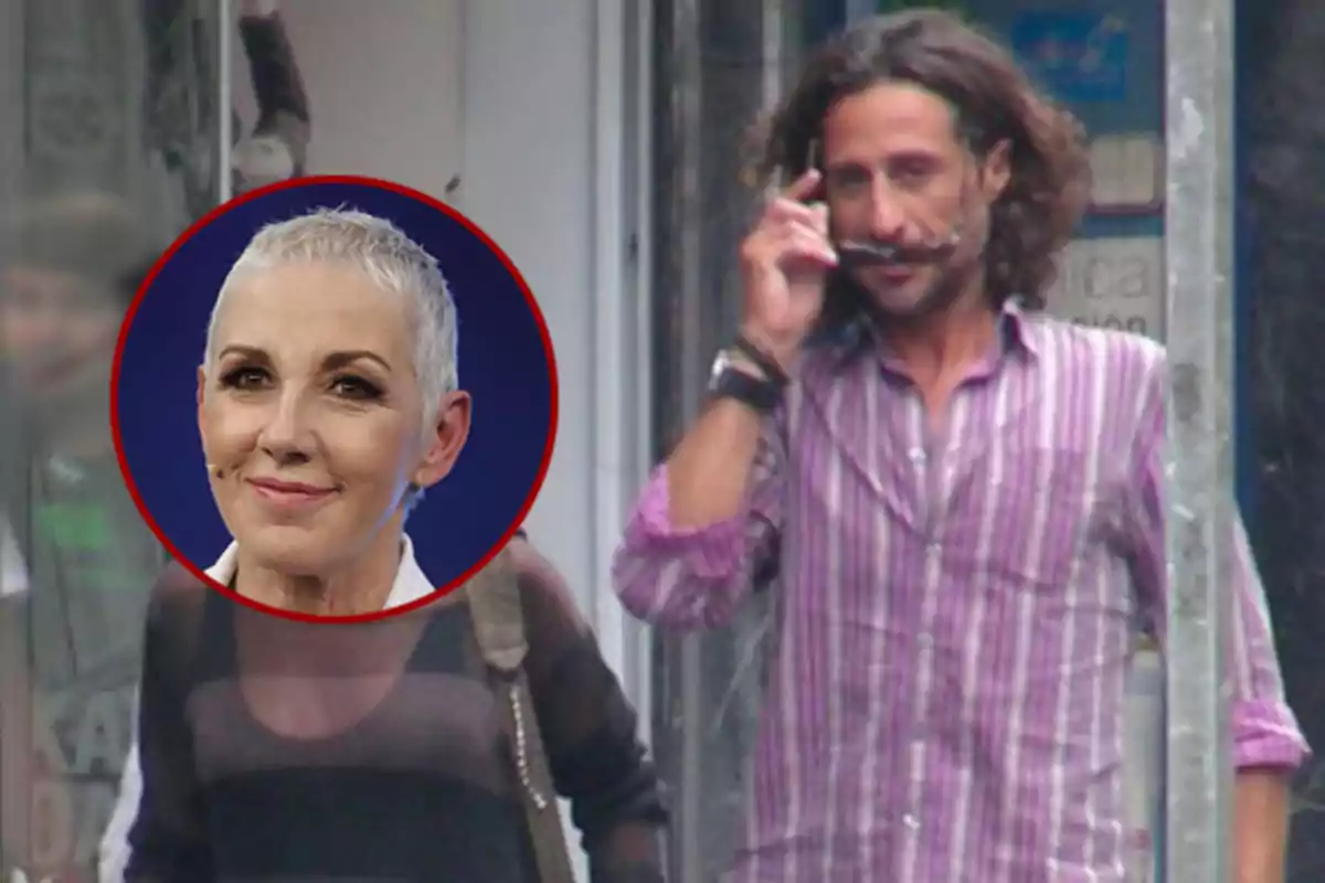 Un hombre de cabello largo y rizado con camisa de rayas sostiene unas gafas mientras una imagen circular de una mujer de cabello corto y canoso aparece superpuesta en primer plano