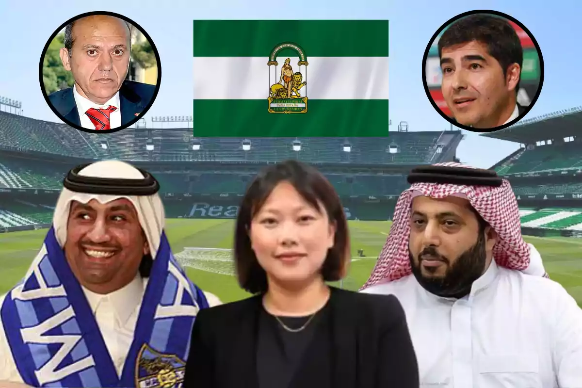 Un grupo de personas posando frente a un estadio de fútbol con una bandera verde y blanca en el fondo.