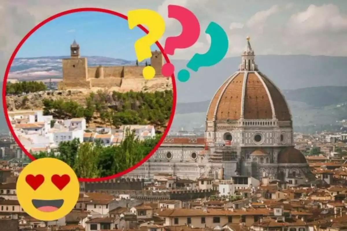 Una imagen que muestra una catedral icónica en una ciudad europea con una superposición circular que contiene una fortaleza y casas blancas, acompañada de un emoji con ojos de corazón y signos de interrogación de colores.