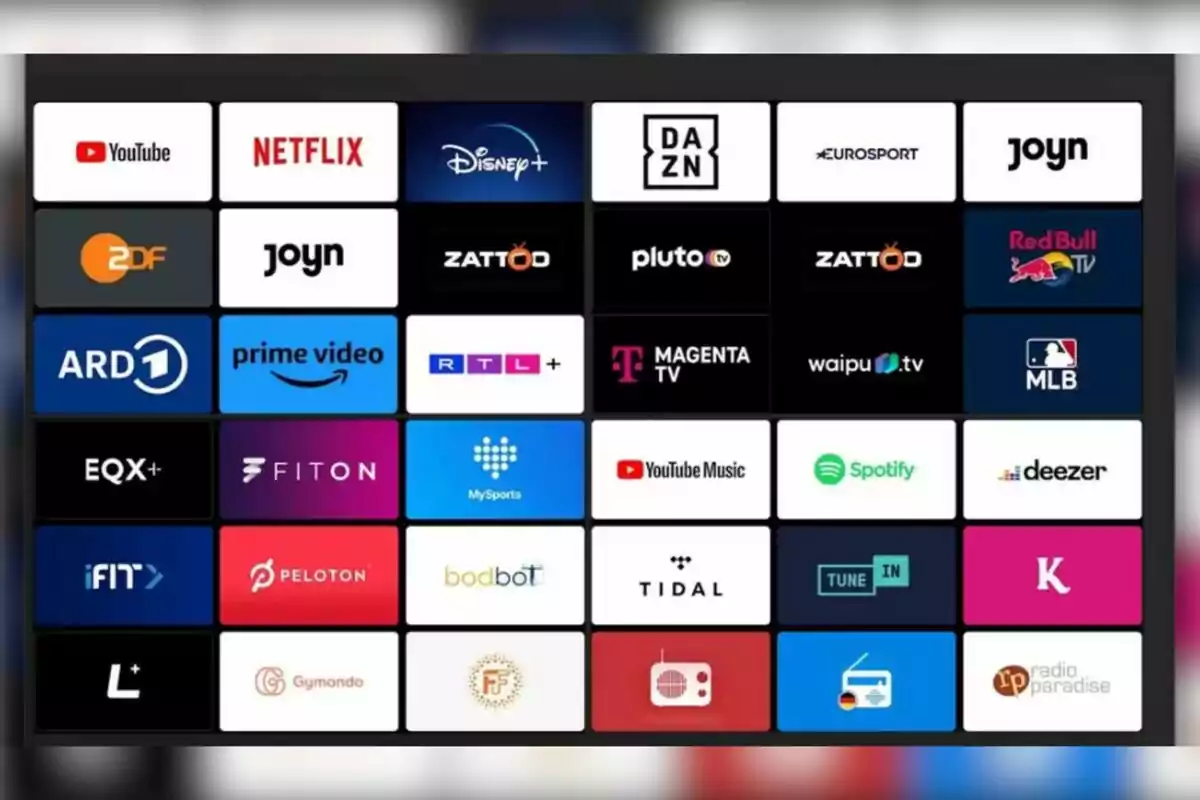 Logotipos de diversas plataformas de streaming y servicios digitales, incluyendo video, música y deportes. Logotipos de diversas plataformas de streaming y servicios digitales, incluyendo video, música y deportes.