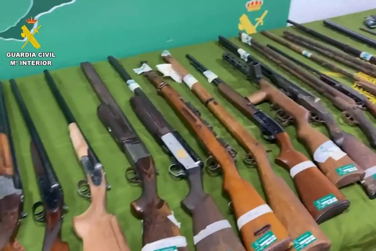 Una colección de armas de fuego incautadas por la Guardia Civil, dispuestas sobre una mesa con un fondo verde.