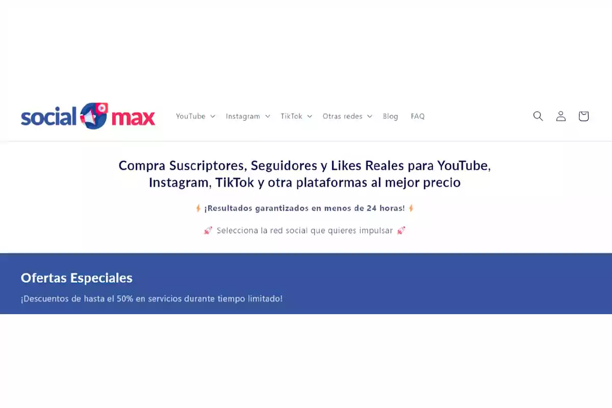 Página web de Social Max que ofrece la compra de suscriptores, seguidores y likes reales para YouTube, Instagram, TikTok y otras plataformas con ofertas especiales y descuentos.