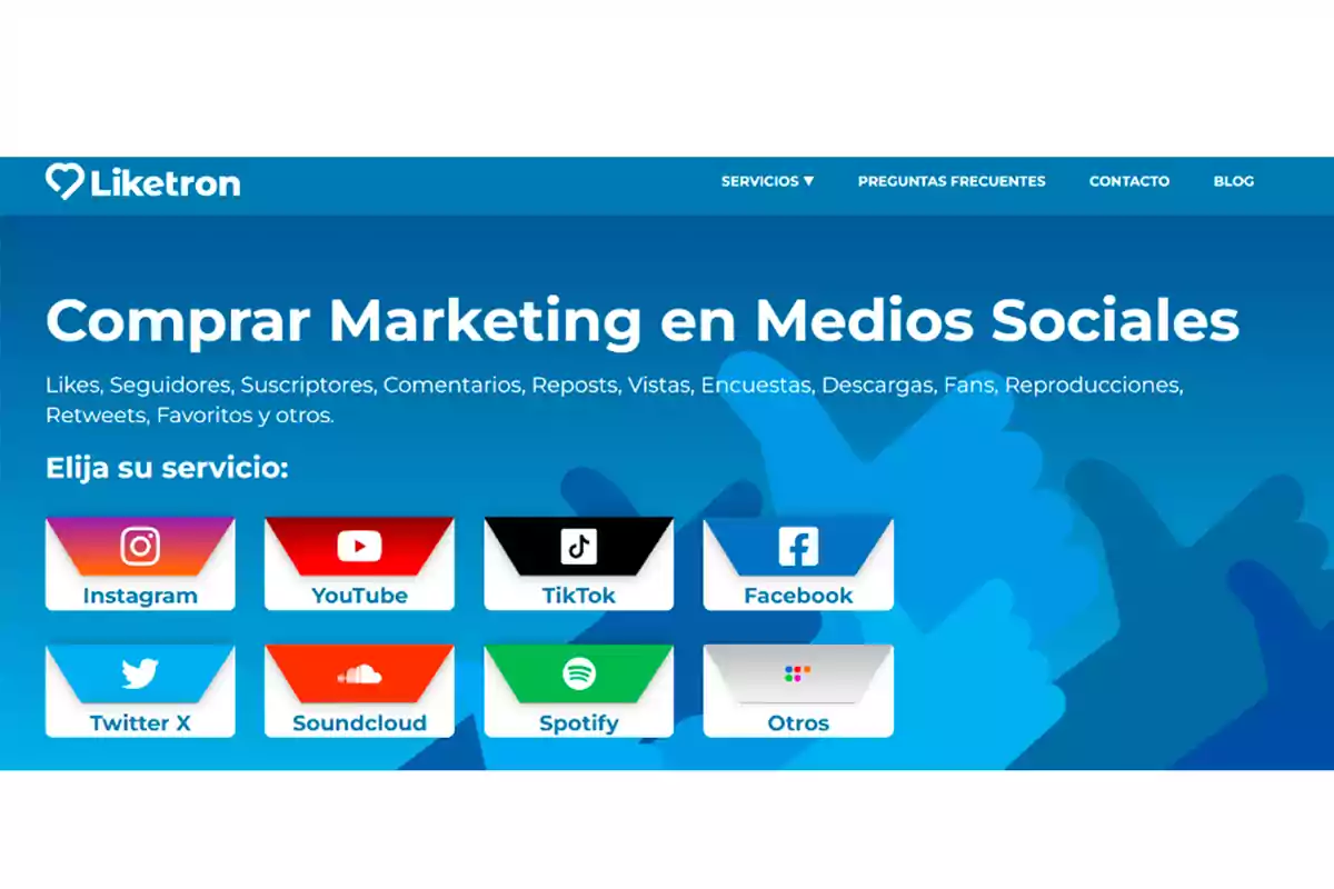 Página de inicio de Liketron que ofrece servicios de marketing en redes sociales como Instagram, YouTube, TikTok, Facebook, Twitter X, Soundcloud y Spotify.