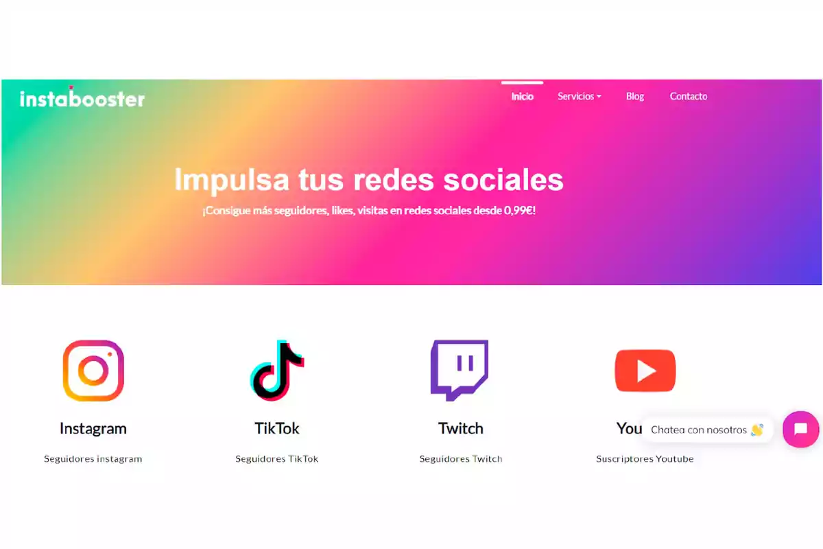 Imagen de una página web llamada Instabooster que ofrece servicios para aumentar seguidores y visitas en redes sociales como Instagram, TikTok, Twitch y YouTube con un fondo de colores degradados.