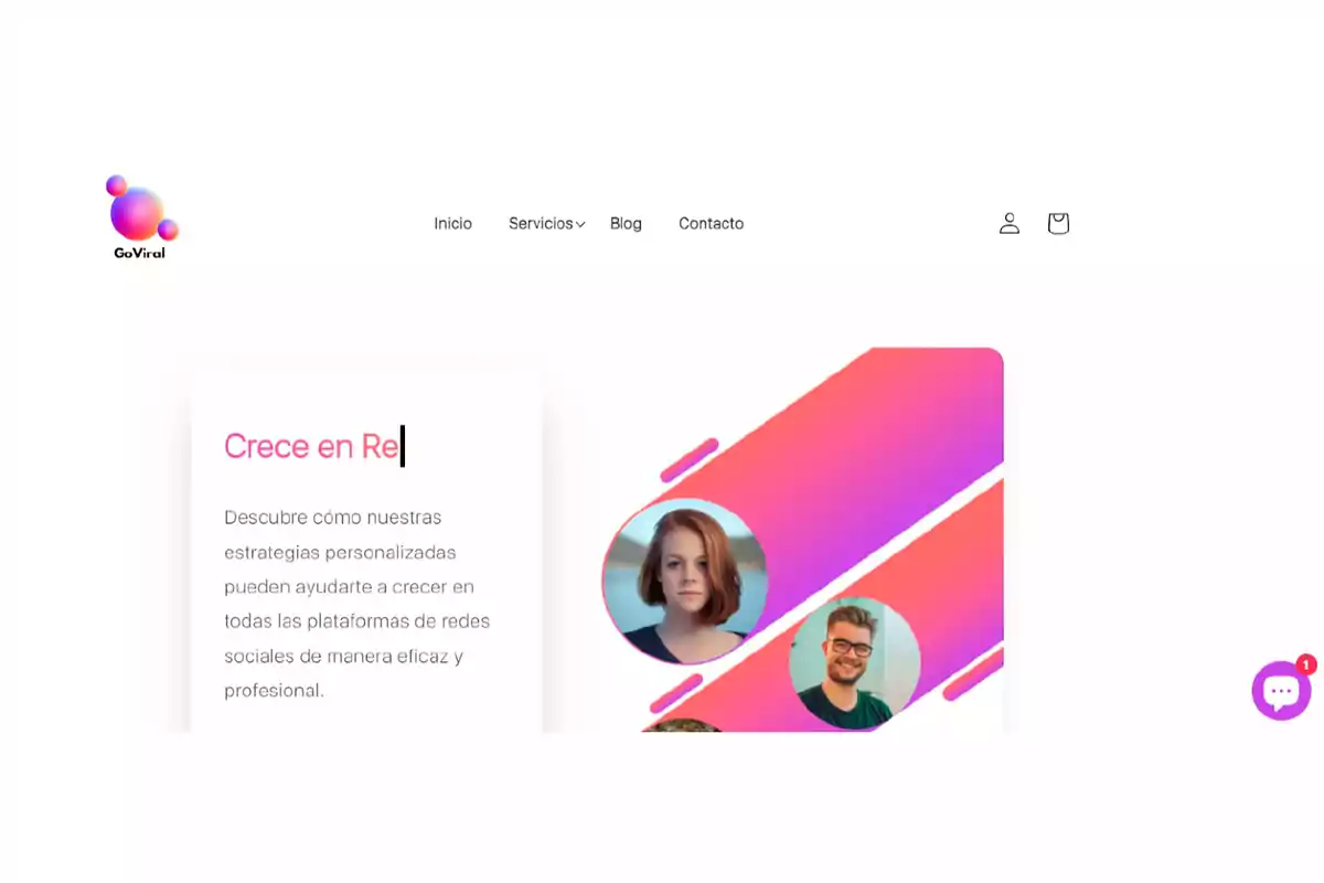 Página web de GoViral con menú de navegación y sección destacada sobre estrategias personalizadas para redes sociales, acompañada de imágenes de personas.
