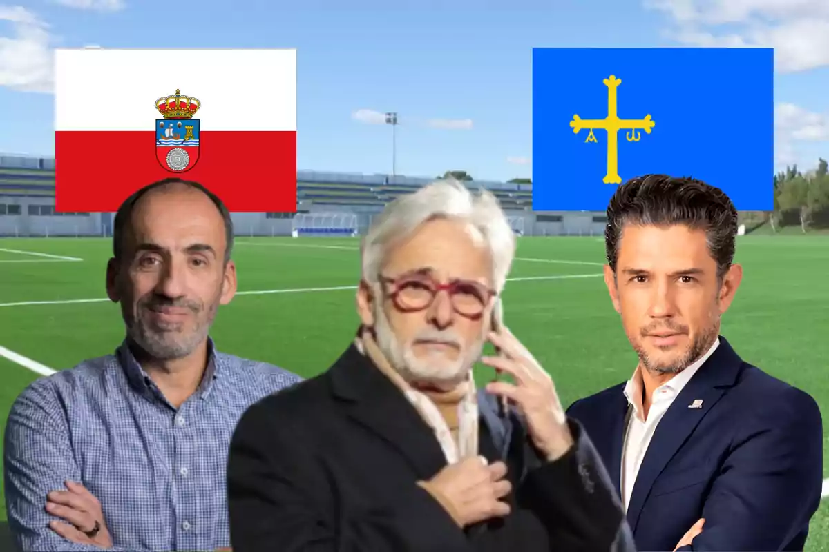 Tres hombres posan frente a un campo de fútbol con banderas de Cantabria y Asturias en el fondo.
